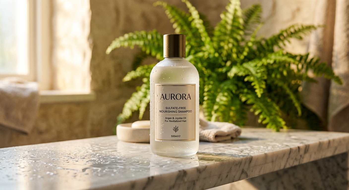בקבוק שמפו מזין ללא סולפטים של המותג אורורה (Aurora), המכיל שמן ארגן ושמן חוחובה, מונח על משטח שיש רטוב בחדר רחצה מואר עם צמח שרך ברקע.